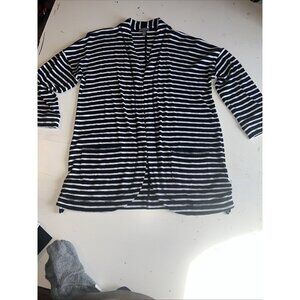 T by TALBOTS CARDIGAN-PETITE MED-BLACK/WHITE STRIPE-3/4 SLEEVES